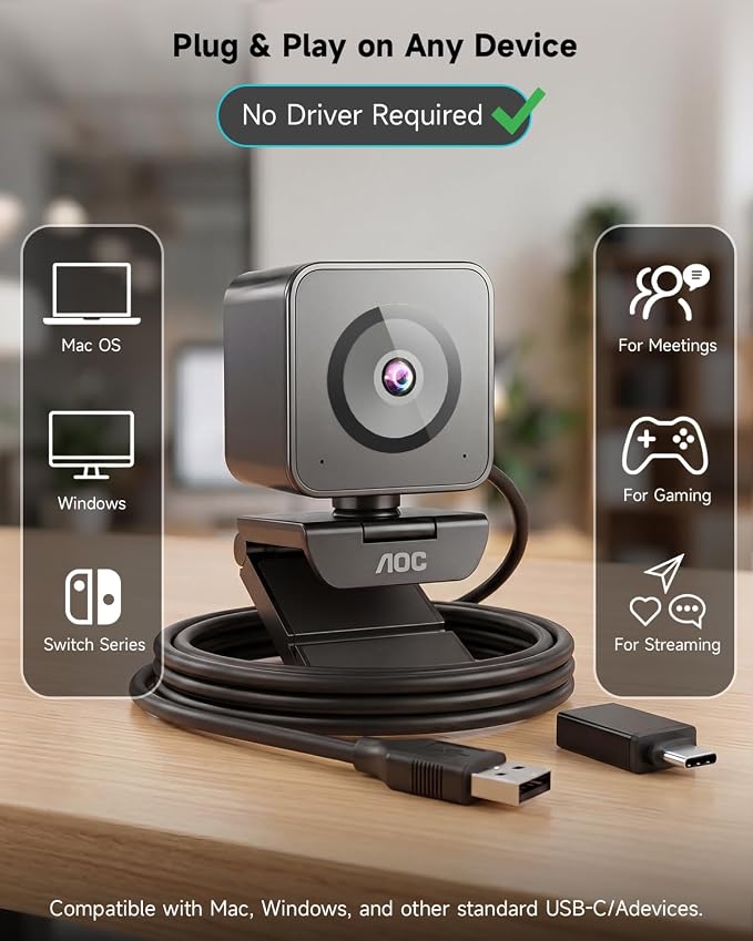 AOC 4K Webcam for PC with 1/2.55'' Sensor, 1080P 60FPS Streaming Camera with PDAF Autofocus, Privacy Cover, Plug & Play computer camera 75° FOV for Zoom/Mac/Switch 2, Includes Tripod & USB A-C Adapter