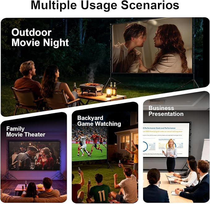 Outdoor Projector Screen with Stand - 150 Inch Portable Projector Screen Outdoor Indoor Projection Screen 16:9 4K HD Movie Screens with Carry Bag Can Enjoy Home Theater Projection Screens