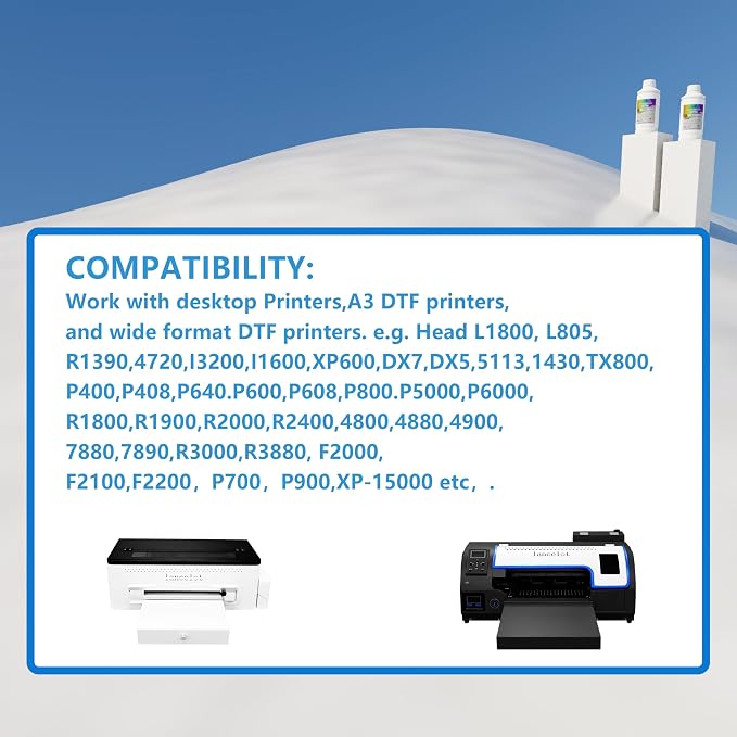 Lancelot Premium DTF Ink 500ML-Vibrant & Durable PET Film Transfer Ink for DTF Printer, Ep Printers Ep ET-8550, XP-15000, L1800, L805, R1390, R2400 for Heat Transfer Printing 500ml(500ml*1,1WH)
