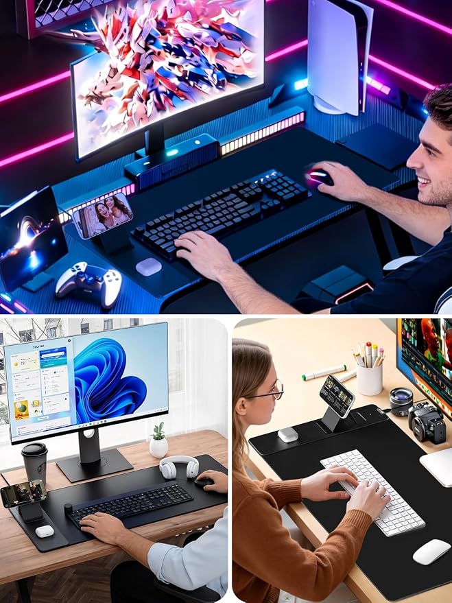 Mouse Pad with Magnetic Wireless Charging & Phone Stand, 31.5"x15.8" Large, Waterproof Smooth Surface, Non-Slip Base, with Adapter