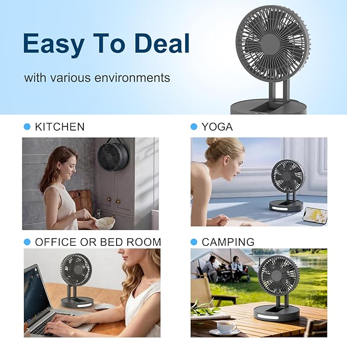 Qoqooice Portable Fan, 3600 mAh Rechargeable Battery Operated Fan with 5 Speeds, USB Powered, Quiet Personal Desk Fan for Office Home, Outdoor, Camping, Travel (Black)