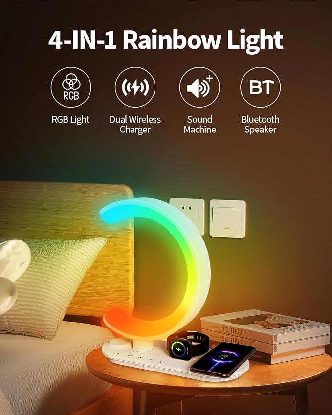 4 in 1 Bluetooth Speaker Night Light with Wireless Charger, Atmosphere Lamp with 24 Soothing Sounds, 16M+ Colors & App Control, Smart Light Sound Machine for Bedroom Home Decor (White)