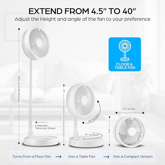 My Foldaway Rechargeable Fan Portable, Portable Fan Extends from 4-40", Travel Fan for Sleeping, Collapsible Desk Fan, Quiet, 10 Hour Battery Life, 3 Modes, As Seen on TV