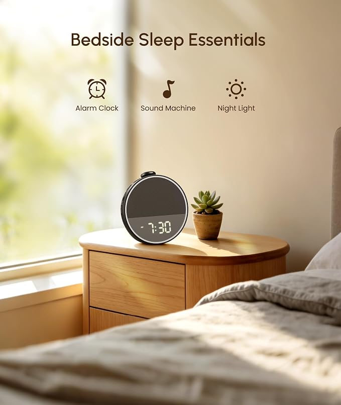 Sound Machine - Alarm Clock White Noise Sound Machine for Sleep, Night Light, 30 Soothing Sounds, 10 Gentle Alarms, Sleep Timer, Screen-Free Sleep Routine for Adults, Travel, Nightstand(Black)