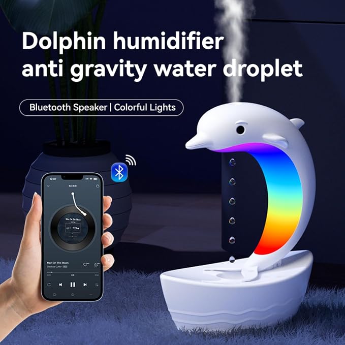 Dolphin Anti-Gravity Water Droplet Cool Mist Humidifier 300ml, 3-in-1 Humidifier Bluetooth Speaker 7 Color Night Light Aroma Diffuser, Auto Shut Off Desktop Mist Maker for Bedroom Office 400sq.ft