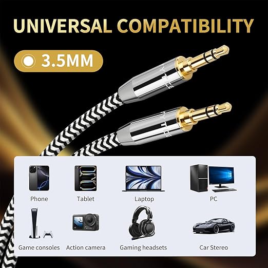Audiophile 3.5mm Aux Cable (3.28ft/1m) - 4N Oxygen-Free Copper, Gold-Plated & Braided Design for Hi-Fi Sound - Universal TRS Aux Cord for Car/Home/Headphones