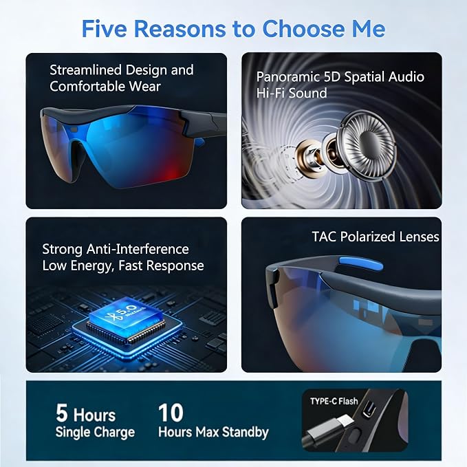Smart Cycling Polarized Sports Sunglasses for Men Women, Built-in Wireless Audio Eyewear with Hands-Free Call & Music Playback, UV400 Protection Outdoor Sunglasses for Driving Running Hiking Fishing