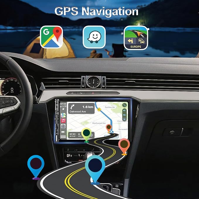 Wireless 7 Inch Double Din Car Stereo with Apple Carplay,HD 1024 * 600 Touch Screen,FM Car Radio Receiver with Bluetooth 5.1 Hands-Free,GPS Navigation,Backup Camera,Android Auto,USB/AUX/TF/SWC/EQ