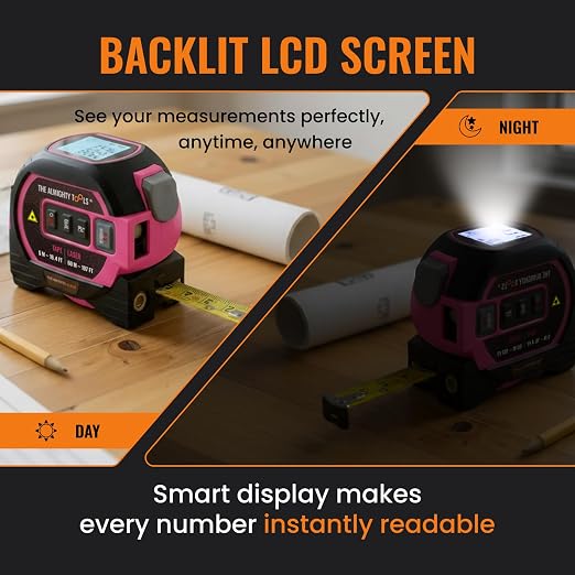The Almighty Ruler Laser Tape Measure | Laser Distance Measurer, Heavy-Duty Tool with Cross Marking Feature, Smart Range Finder, Easy-Read Display, Ft & Metric Measurement | 196 ft | 65 yd | 60 m