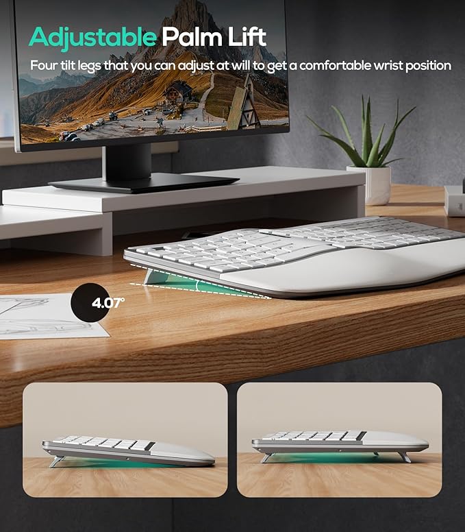 Nulea RT07B Wireless Ergonomic Keyboard - Split Keyboard, Wrist Rest, Natural Typing, Bluetooth and USB Connectivity, USB-C Rechargeable,Compatible with Windows Mac (Grey White)