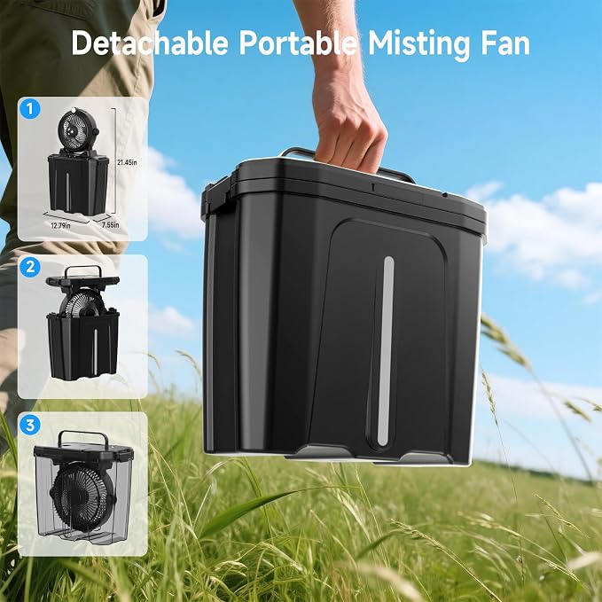 Portable Misting Fan with 11L Bucket & 20000mAh Battery，Rechargeable Battery Powered Fans for Patios with Night Light, 3 Wind Speed & 3 Spray Mister Camping Outdoor Fans, Waterproof Design
