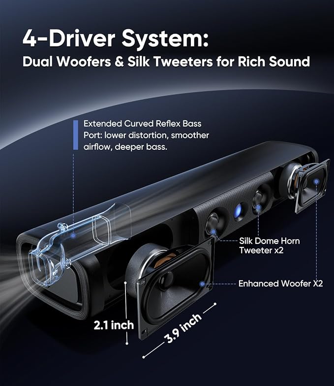 Sound Bar with Wired Subwoofer, 100W 3.1CH Soundbar for Smart TV, Surround Sound Home Theater System, Deep Bass & Crystal-Clear Dialogue, TV-ARC/Optical/AUX/Bluetooth 5.3, for Projector, PC & Gaming