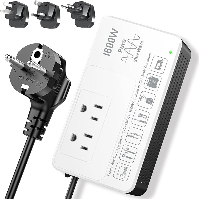 1600W Voltage Converter 220V to 110V, Pure Sine Wave - Power Any American Appliance Overseas, No Limitations, Surge Protection, Plug Adapters C, G, I, E/F for US to Europe, Asia Over 168 Countries