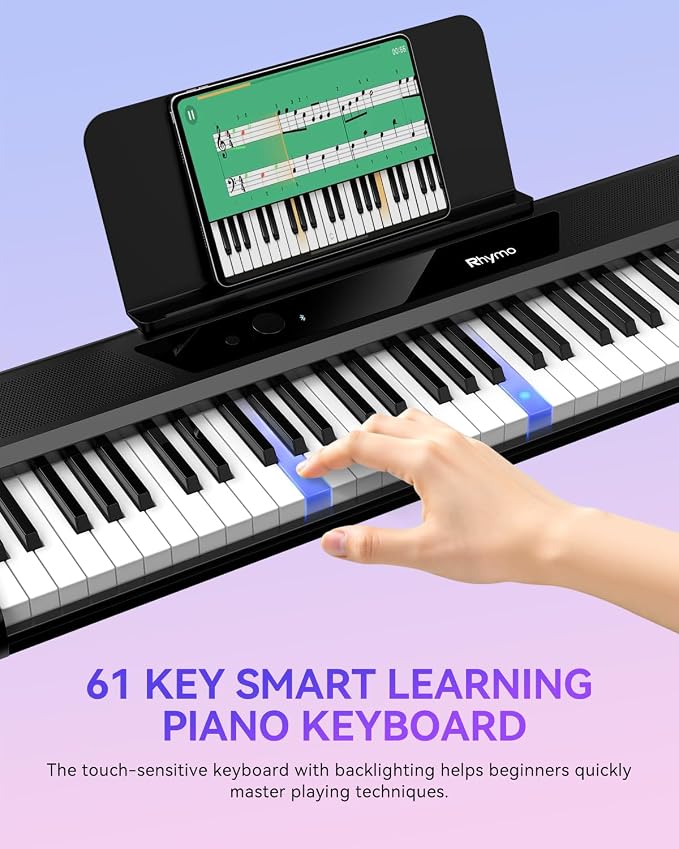 Rhymo 61-Key Velocity-Sensitive Lighted Piano Keyboard, 10W Dual Speakers, Dynamic Touch Sensitive Keys, Bluetooth & App-Enabled for Beginner Adults Kids