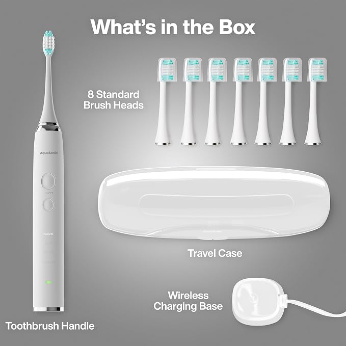Aquasonic Vibe Series Ultra-Whitening Toothbrush – ADA Accepted Electric Toothbrush - 8 Brush Heads & Travel Case – 40,000 VPM Motor & Wireless Charging - 4 Modes w Smart Timer – Optic White