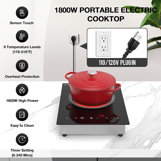 single burner Electric Cooktop,110V 1800W Electric Stove Top with LED Touch Control,Portable cooktop 9 Power Levels, 4hTimer, Safety Lock,Overheat protection