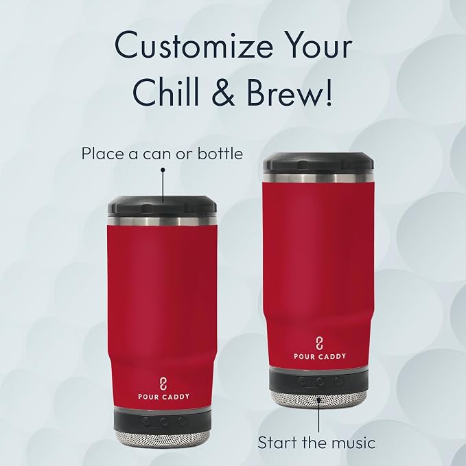 Vibe 4 In 1 Chill and Brew Bluetooth Speaker Cup, Insulated Can and Bottle Holder for Hot or Cold Drinks, Double Wall Stainless Steel Drinkware, Fits 12 oz Cans or 14 oz Liquid, Red