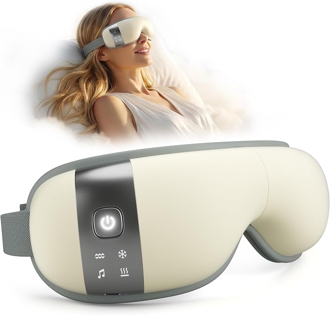 ReliefRX Ultra-Quiet Eye Massager with Heat and Cooling, Lightweight Eye Massager, Birthday Gift for Women Husband, for Home, Office, and Travel - Creamy White