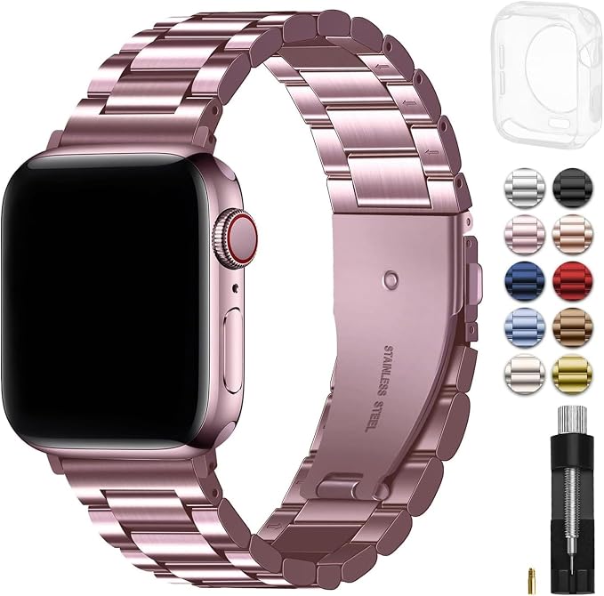 Fullmosa Metal Band Compatible with Apple Watch Bands 41mm 40mm 38mm, iWatch Band with Case for Apple Watch Series 9 8 7 6 5 4 3 2 1 SE3/2/1, Rose Pink