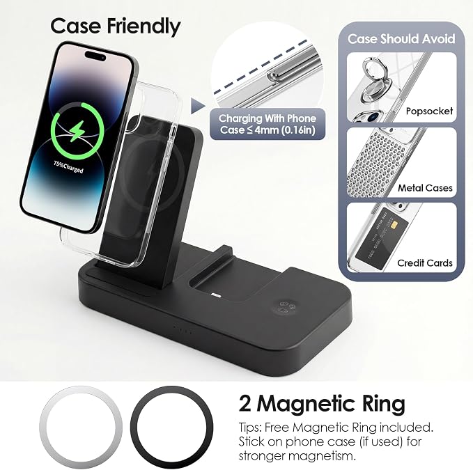 4 in 1 Charger for Oura Ring Gen 4 & Gen 5 (Oura Charger NOT Included), Fast Magnetic Wireless Charging Station for iPhone, Apple Watch, AirPods, Samsung Galaxy