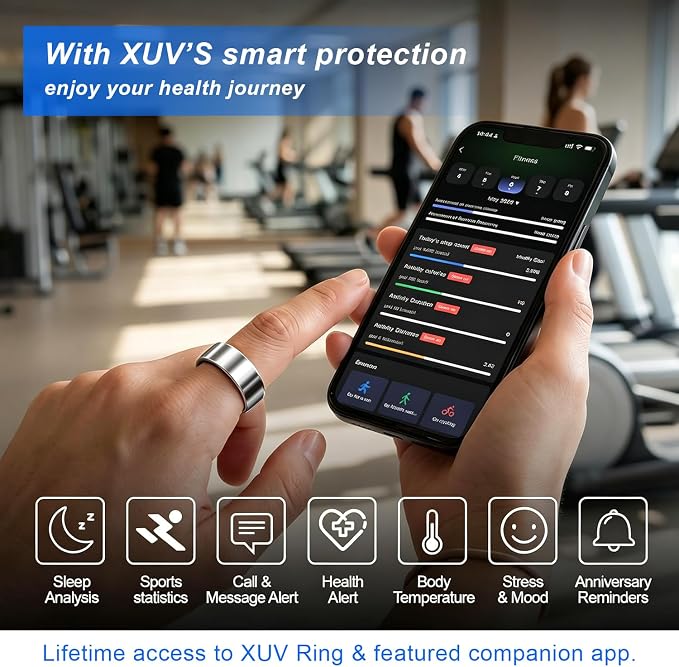 XUV Smart Rings for Women, Waterproof Health Tracker Ring with Heart Rate, Blood Oxygen, Sleep, Step Counting, Silent Vibration Alerts & Reminder, No App Fee, iOS & Android Compatible (Silver, 8)