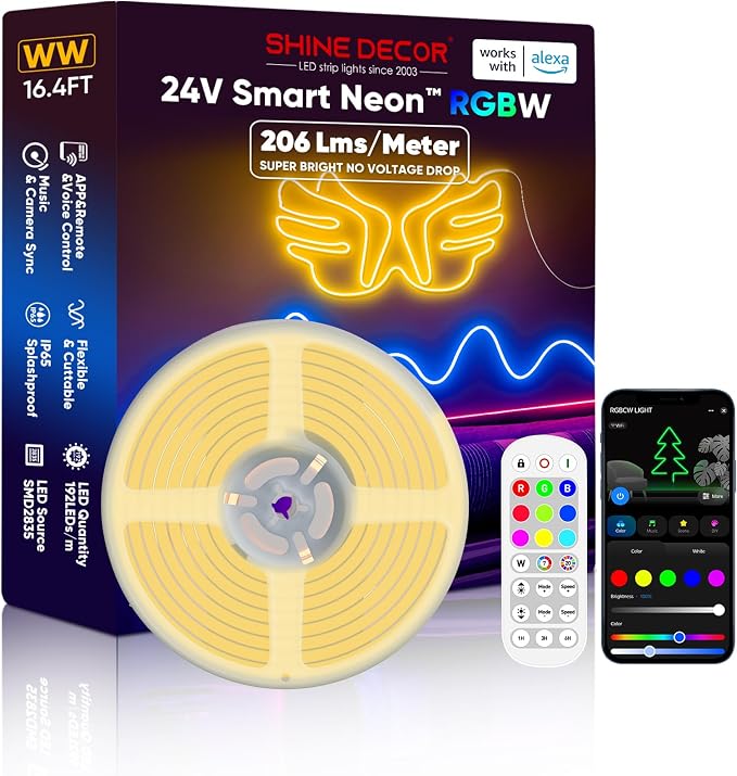 Shine Decor 24V Smart Neon Rope Lights, RGBW Silicone Neon Light Remote APP WiFi Control Music Sync, RGB+Warm White Changing Dimmable LED Neon Strip 16.4FT Flexible Waterproof for Indoor Outdoor