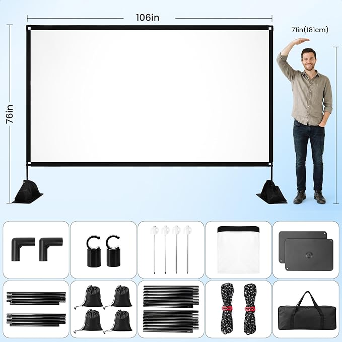 120 inch Projector Screen with Stand, 16:9 4K HD Portable Outdoor Indoor Movie Screen, Lightweight Projection Screen with Carry Bag & Sandbag for Backyard, Home Theater, Camping