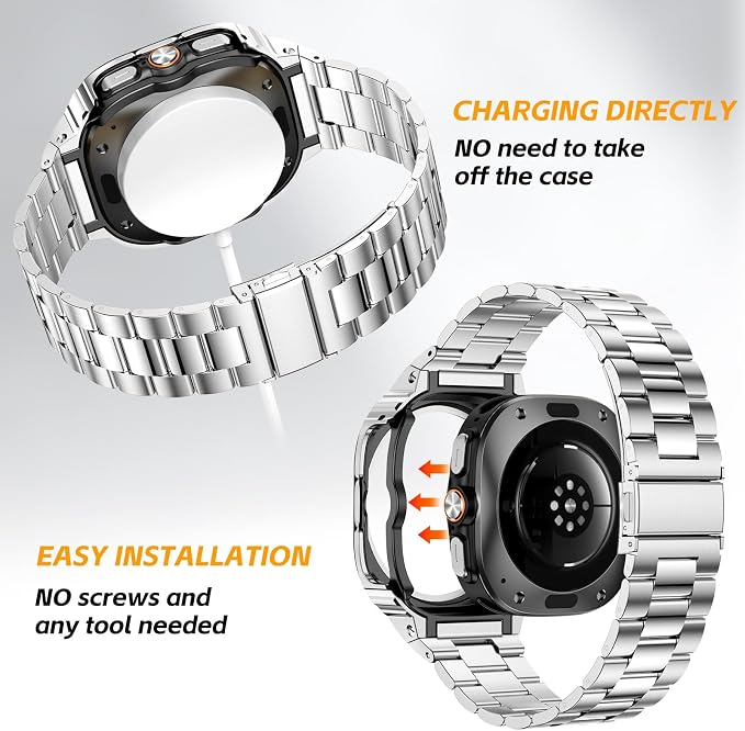 SUPLINK Stainless Steel Case and Band Compatible with Galaxy Watch Ultra Bands Men (2025/2024), Rugged Protective Case Bumper Adjustable Metal Bands for Samsung Watch Ultra Band 47mm, Silver