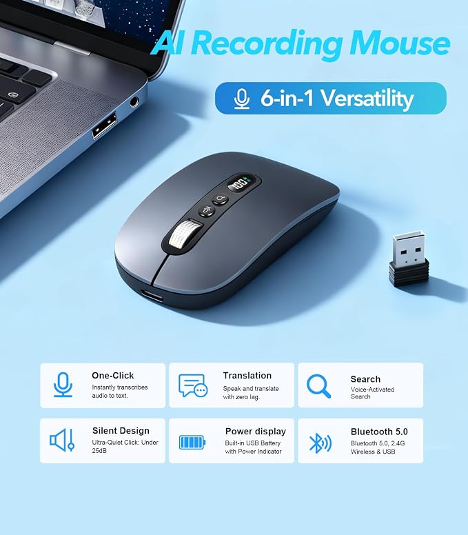 AI Wireless Mouse with Voice-to-Text & 200+ Language Translator, Bluetooth 5.0 Wireless Silent Mouse for MacBook/PC/Laptop,USB-C Rechargeable, Smart AI Writing for Office & Meetings