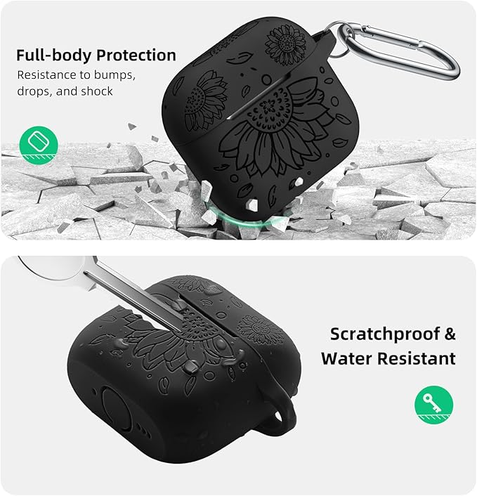 Lerobo for Airpods 4 Case Cover, Floral Engraved Soft Silicone Protective Case with Cleaning Kit & Keychain Compatible with Apple AirPods 4th Gen 2024 for Women,Wireless Charging & LED Visible,Black
