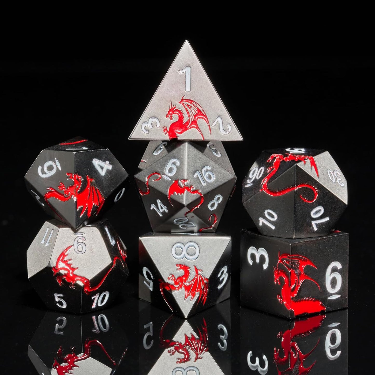 Metal DND Dice Set Dragon D&D Dice for D&D Dungeons and Dragons Gift TTRPG Metal Dice with Dragon Dice Box(Black Red Dragon)