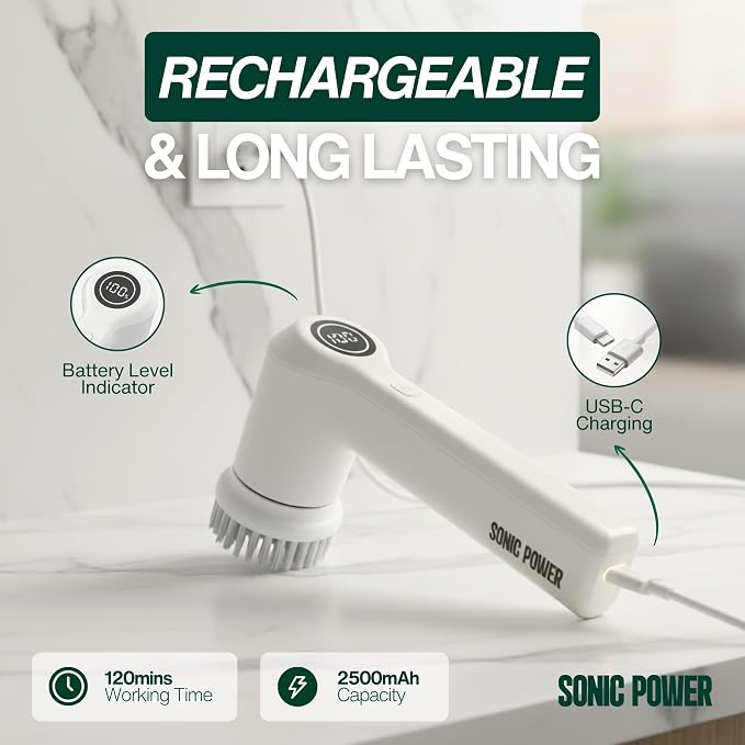 SonicPower Electric Spin Scrubber – Handheld & Ergonomic, IPX7 Waterproof, 4 Multi-Purpose Brush Heads, Long-Lasting Rechargeable Battery – Cleans Dishes, Bathroom, Tile, Grout & Kitchen (White)