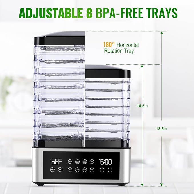 Food Dehydrator Machine, 8 Stainless Steel Trays Food Dehydrator with 48H Digital Adjustable Timer & Temperature Control, Dehydrators for Jerky, Fruit, Veggies, Meat, Herbs, Dog Treats