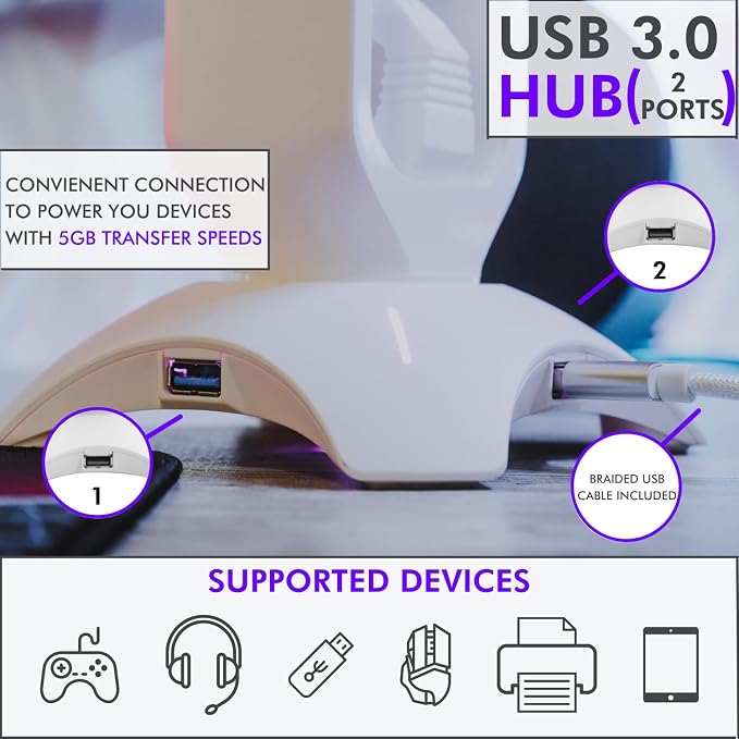 Tilted Nation Gaming Headphone Stand | RGB Headset Stand White | Headset Holder for Desk with Mouse Bungee and USB Hub | The Ultimate Gaming Accessories for Gamers for PS5, Xbox, PC - White