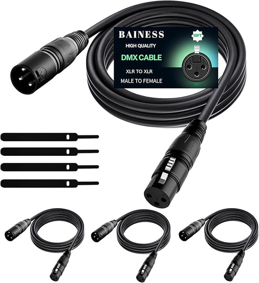 10ft Flexible DMX Cable 3 Pin Signal XLR Male to Female DMX Cables Wire for Stage Lighting, DJ Lights, Moving Head & Par LED Fixtures, Black, 4 Pack