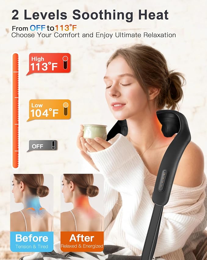 JZBRAIN Cordless Shiatsu Neck and Shoulder Massager with Heat & Kneading | 2000mAh Rechargeable Battery Hands-free 3 Modes 2 Intensity 2 Heat Levels Muscle Soreness Stiff Neck Fatigue Relief