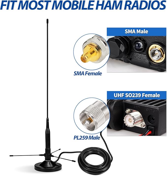 Bingfu Vehicle Mobile Ham Radio Antenna with Ground Planes Dual Band VHF UHF 136-174MHz 400-470MHz Magnetic Base Mount Soft Whip Antenna PL259 Male Connector for Car Marine Amateur Radio