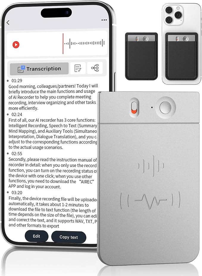 AI Voice Recorder, 64GB Audio Note Recorder with Transcribe&Summarize Free 1200 min of Transcription, App Control, Supports 112 Languages, Magnetic Case for Lectures Meetings Calls