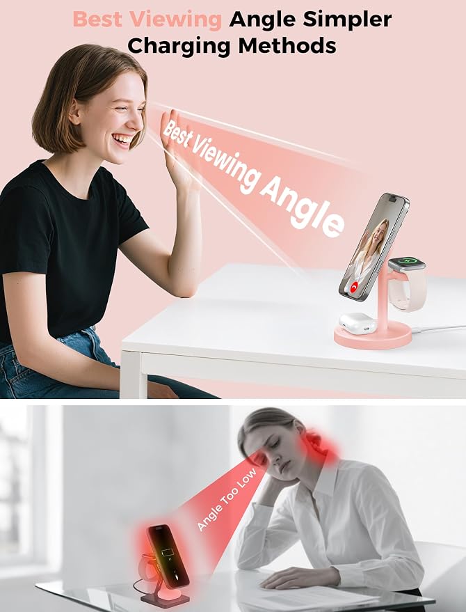 Aeinidi 2026 3 in 1 Wireless Charging Station Compatible with MagSafe, 15W Fast Magnetic Mag-Safe Charger Stand for Apple iPhone 17 16 15 14 13 12 iWatch AirPods Pro 4 3 2, Pink