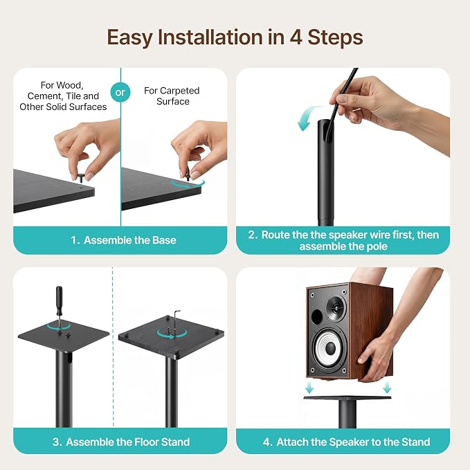 Speaker Stands Pair, 30" Fixed Height, 55lbs Weight Capacity, 11.8" Base, Cable Management, Freestanding Speaker Floor Stand for Surround Sound,Wooden Base
