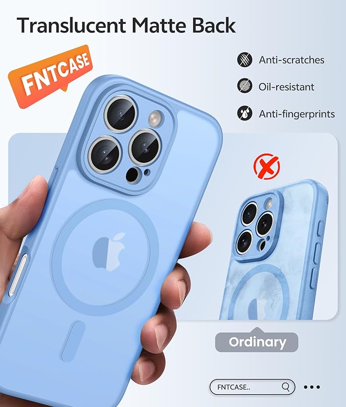 FNTCASE for iPhone 16 Pro Max Case: [Compatible with Magsafe] Translucent Matte Cases with [Full Camera Protection] [Screen Protector] Military Grade Shockproof Protective Phone Cover - Light Blue