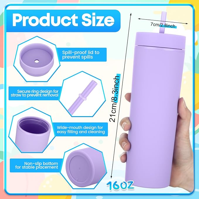 Reallnaive 12 Pcs Skinny Tumbler Bulk and Mini Portable Fans Set for Summer, 16 oz Plastic Cups with Lids Straws and Small USB Rechargeable Handheld Fan for Cooling Gift (Purple)