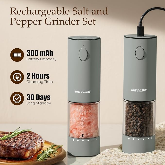 Newise Electric Salt and Pepper Grinder Set, Rechargeable with LED Lights, Automatic Pepper & Salt Mill, Adjustable Coarseness, Large Capacity, Grey