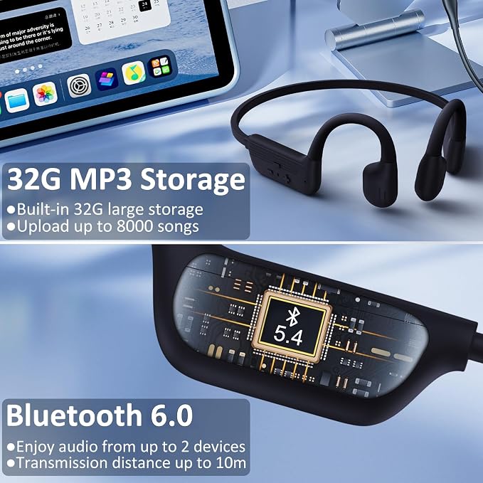 Swimming Headphones, IP68 Waterproof Bone Conduction Headphones, Bluetooth 6.0&MP3 with32GB Memory Card, Skin Open Ear Swim Earbuds with Adjustable Headband for Swim Cap/Hat, Magnetic Charging(Black)