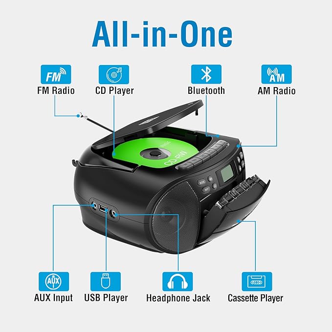 MEGATEK CBR510 Portable CD/Cassette Player Boombox with Bluetooth, AM/FM Radio, USB Playback, AUX Input, Headphone Jack, LCD Display, AC/Battery Powered Stereo System for Home
