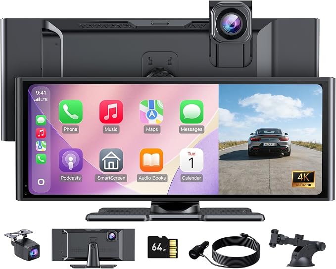 10.26" HD Wireless CarPlay Screen for Carplay & Android Auto Touch Screen,4K Dash Cam,1080P Backup Camera,Mirror Link,GPS,Bluetooth,64G TF,for All Vehicles