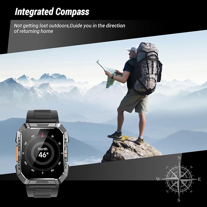Military Smart Watch for Men (Answer/Make Calls), 2.01'' Smart Watch for Android and iPhone, Fitness Tracker with Flashlight/Compass/100 Days Battery/Heart Rate/Sleep/100+ Sport Modes(2 Straps)