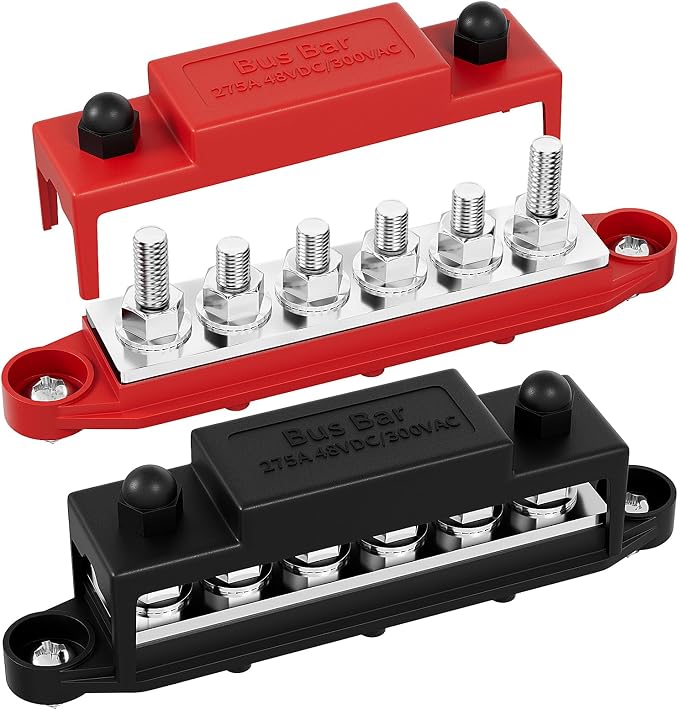 RVBOATPAT 275A Bus Bar 12V Power Distribution Block Car Audio Busbar 6 x 5/16" (M8) Terminal Stud Positive & Ground Battery Bus Bar