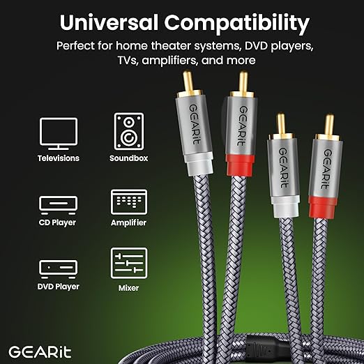 GEARit RCA Cables Car Audio 20ft, Oxygen Free Copper RCA Cables with Dual Shielding & Gold-Plated Connectors, Audio Cable for Subwoofer Cable, Hi-Fi System, Amplifier, Active Speakers, Gaming Consoles
