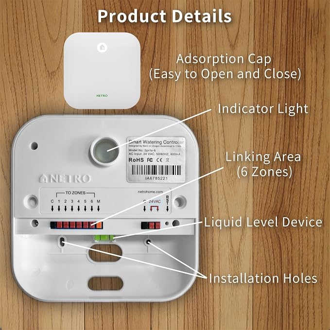 Netro Smart Sprinkler Controller 6 Zones Sprinkler Timer App-Based Irrigation Controller for Garden Lawn 2.4GHz WiFi Weather Service Plant Database APP Community Rain Skips Compatible with Alexa
